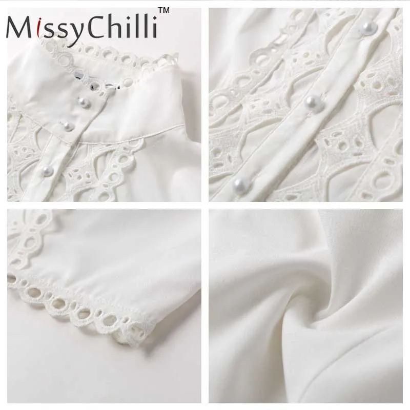 MissyChilli выдалбливают Вышитые белая офисная блузка рубашка для женщин с длинным пышным рукавом Блузка Весна сексуальный элегантный клуб короткий топ