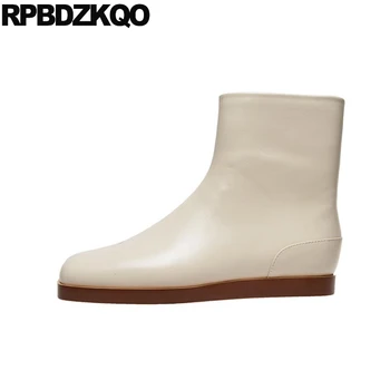 

genuine leather women black side zip boots autumn ladies 2019 luxury shoes flat female ankle designer split toe beige fall short