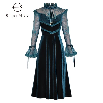 

SEQINYY Knee Dress 2020 Spring Autumn New Fashion Design Women Long Sleeve Lace Blue Velvet Elegant Dress