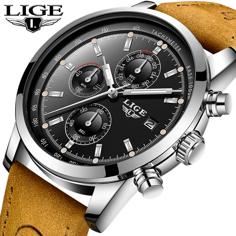 

2020 LIGE Top Luxury Brand Men Military Sports Quartz Clock Watches Mens Waterproof Leather Chronograph Watch Relogio Masculino
