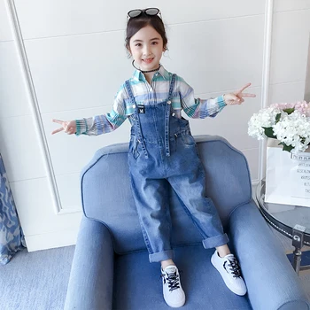 

6 8 10 12 Years Casual Girls Sets Cotton Long Sleeve Shirts + Loose Denim Overalls 2 Pieces Baby Kids Clothes Outfits for