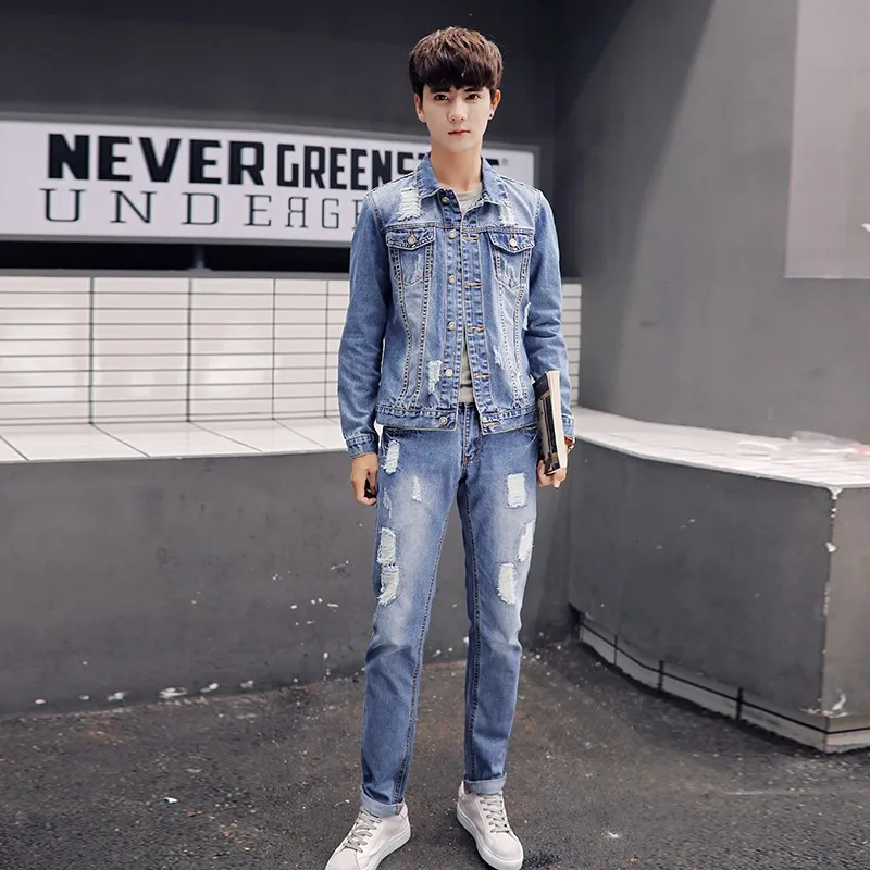 Осенняя Корейская мужская джинсовая куртка комплект из двух предметов, Узкие рваные джинсовые комплекты Повседневная ковбойская одежда унисекс комплекты одежды
