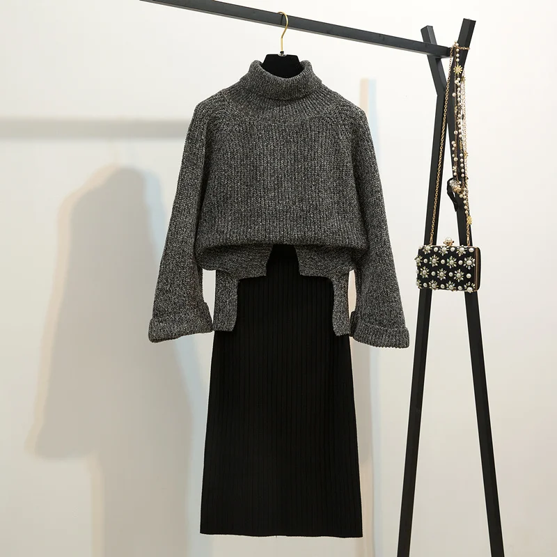 Наборы свитеров Осень Зима Водолазка свободный свитер Асимметричный И Черный Карандаш Сплит вязаная юбка набор элегантных женских комплектов