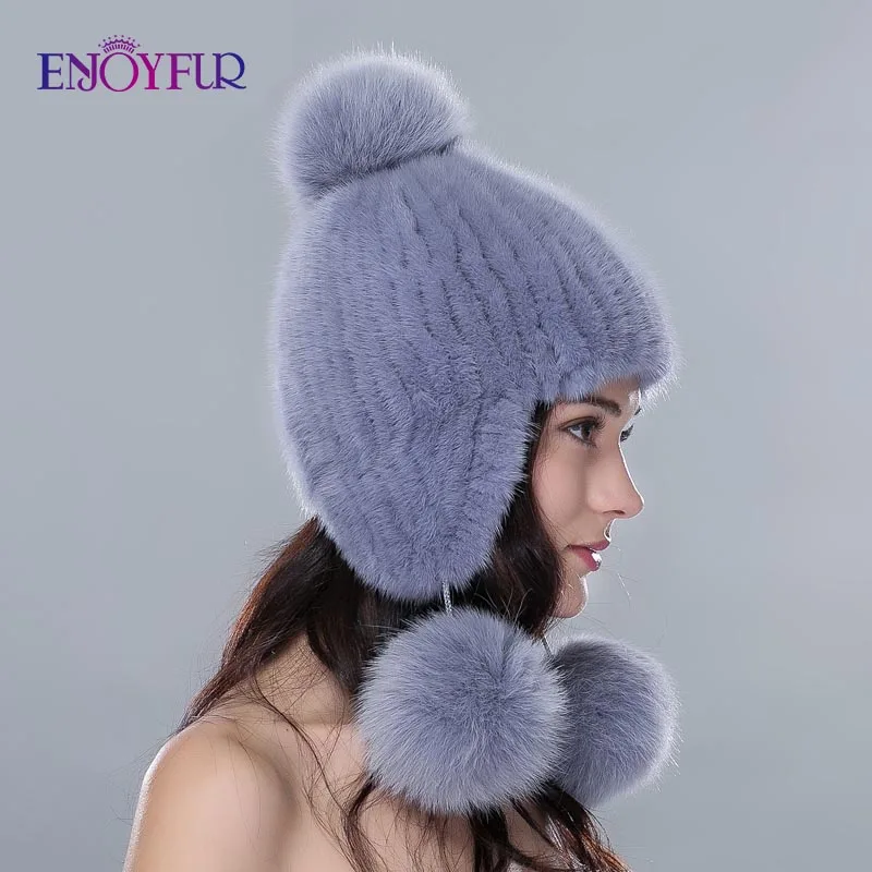 Женская шапка бини с ушами ENJOYFUR, теплая вязаная шапка из натурального меха норки с меховым помпоном на зиму