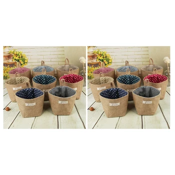 

2x Cotton Linen Art Flower Pot Small Sack Hanging Jute Cotton Dot Storage Basket Storage Bag(Blue Stripes&Red Point)