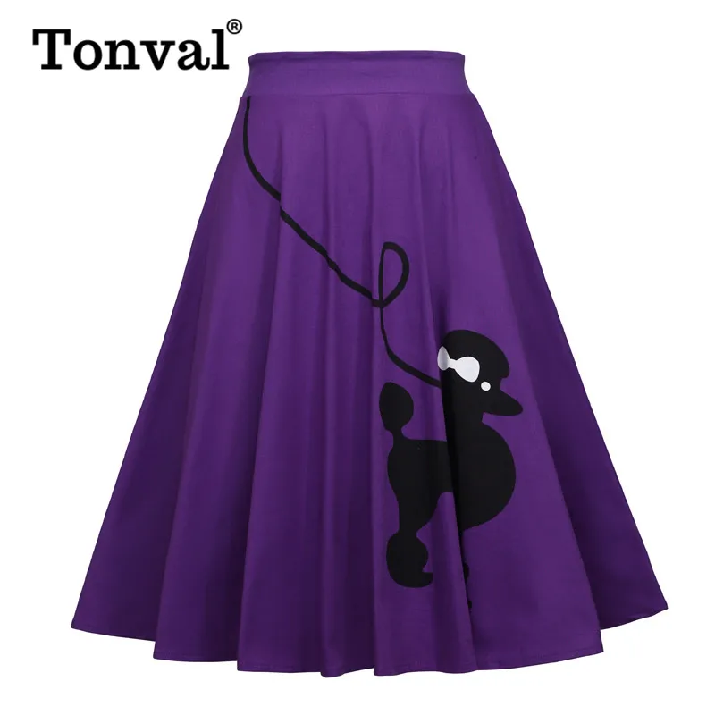 Tonval Стиль Pin Up с милым принтом-собачками винтажные желтые юбки с высокой талией Женская хлопковая трапециевидная Юбка До Колена в стиле ретро Пышная юбка