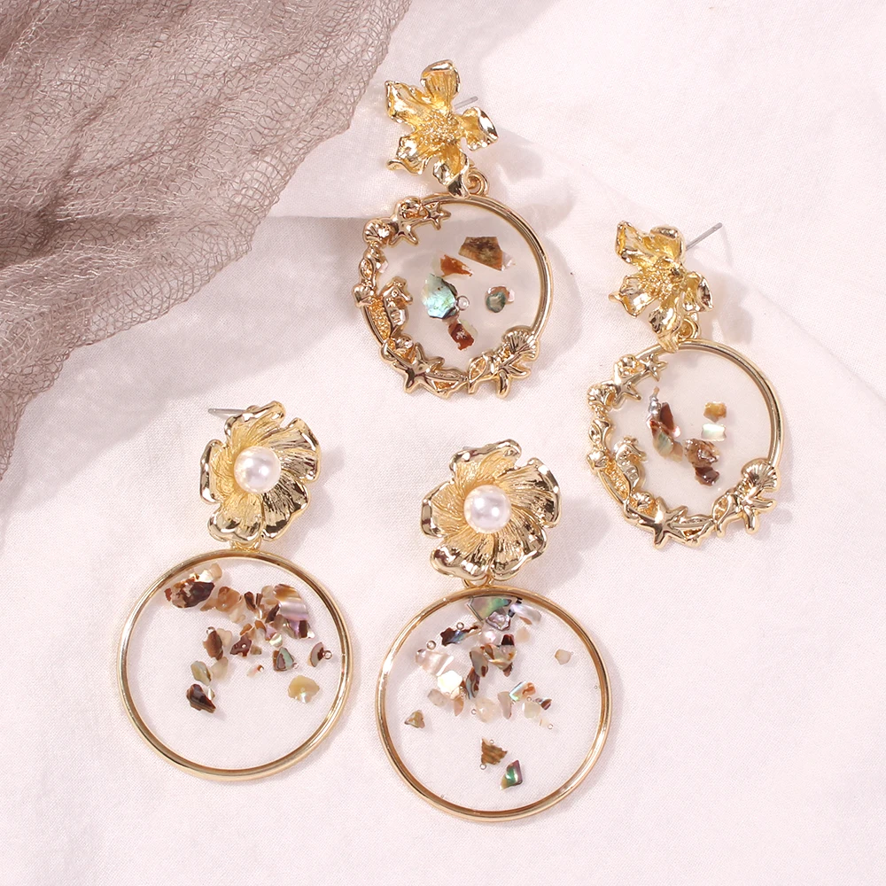 

New Fashion Gold Color Flower Women for Earrings Geometry Circular Pearl Drop Earrings Wedding Jewelry Gift