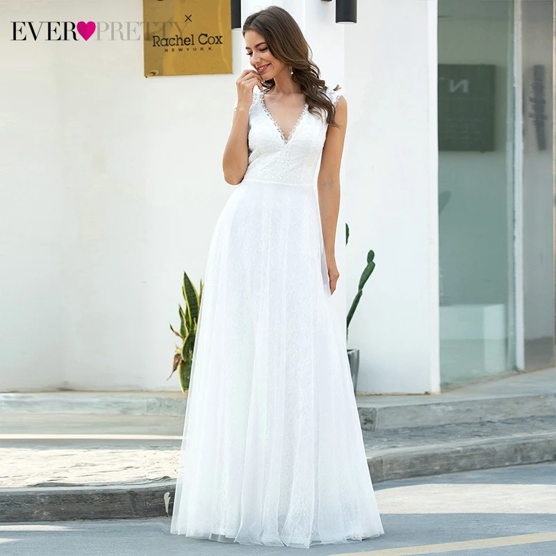 US $38.99 White Lace Wedding Dresses Ever Pretty Ep00657cr ALine Ruched VNeck Cap Sleeve Elegant Formal Bride Gowns Vestido De Noiva