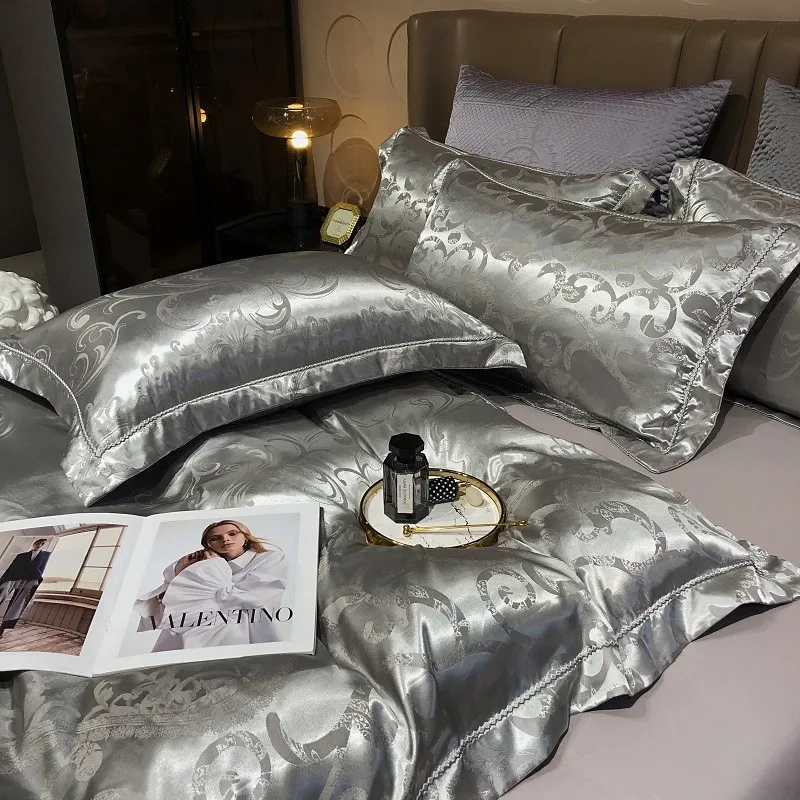 Sateen Cotton Jacquard Duvet Cover Set Soft Satin Silky Bedding Sets,Duvet Cover Flat Sheet 2 Pillowcases Double Queen King 4Pcs