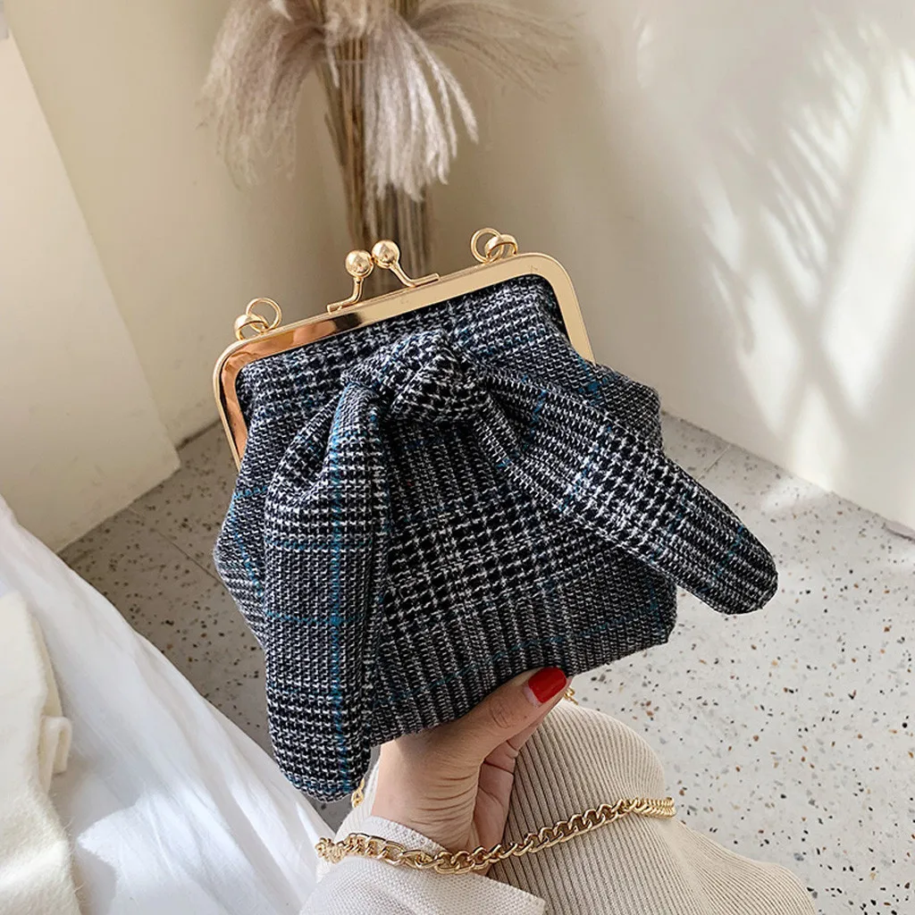 

Women's Fashion Coin Purse Bow Wool Bag Chain Casual Bag Clip Bag Vintage Plaid Chains Hasp Shoulder Bag bolsa sac a main