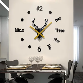 

3D Deer Head Creative Hanging Clock Acrylic Living Room Decoration DIY Cool Clock Sticken on the Wall Modern Simple Mute Clock