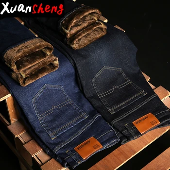 

Xuansen classic fleece men's jeans 2019 new winter warm thickening plush stretch straight blue black streetwear long pants jeans