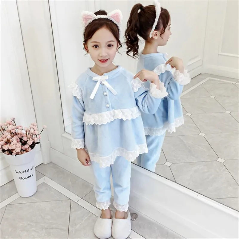 Light blue Зимний пижамный комплект для девочек, детская Домашняя одежда, фланелевые пижамы для детей, кружевные осенние наряды принцессы для детей 4, 5, 6, 7, 8, 9, 10, 11, 12 лет - Цвет: Light blue