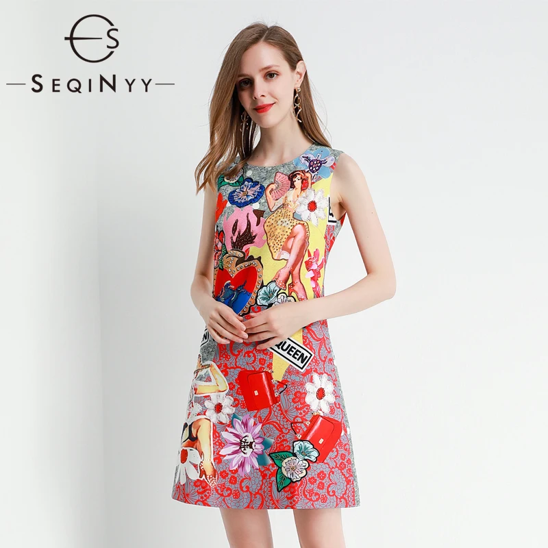 

SEQINYY Vest Mini Dress 2020 Summer Spring New Fashion Design Women Crystal Flowers Print Slim Dress