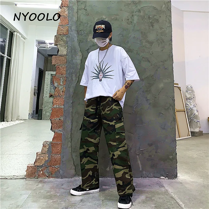 NYOOLO Harajuku стиль уличная большие карманы камуфляжные брюки повседневные эластичные талии длина голеностопного сустава брюки для женщин и мужчин