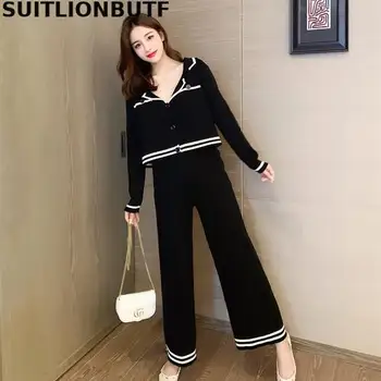 

Elegant Ladies Knitted Two Piece Set Women Notched Short Coat Ropa Mujer Elastic Waist Wide Leg Pants Korean Soft Ensemble Femme