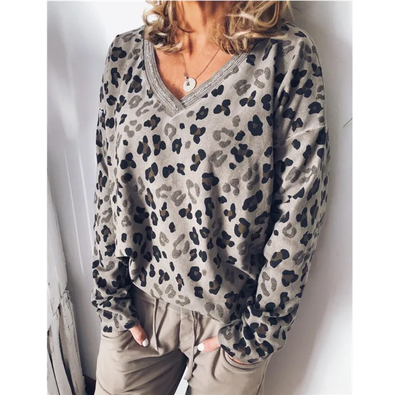 

New Autumn Winter women fashion V-neck leopard long-sleeved Loose Sweatshirts Casual Sweatshirts sudadera mujer