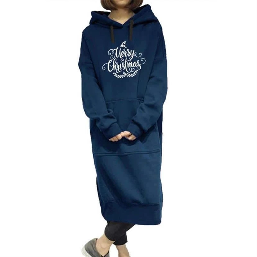 

Christmas Letters Print Long One-Piece Hoodies For Women Hoodies Women Tops Sweatshirts Pockets Loose Harajuku Cute