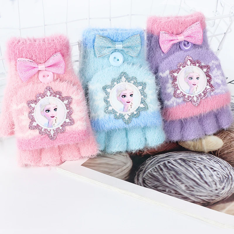 

Disney Children Frozen 2 Elsa Princess Outdoor Keep Warm Kids Gloves Cartoon Frozen Half Finger Mittens For Girls Winter Gloves