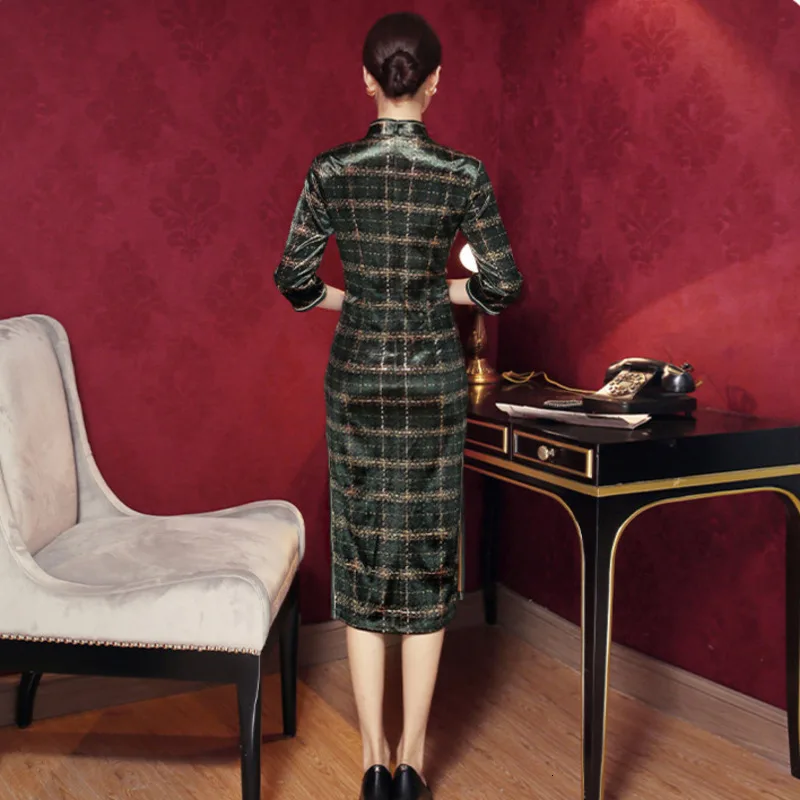 SHENG COCO дамы ретро плед бархат китайское платье платья год осень Ципао Cheongsam винтажная юбка с длиной до колена решетки Чи пao