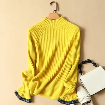 

2019 autumn new tassel turtleneck knitted women sweaters solid flare sleeved loose lady elegant pulls fashion outwear coat tops