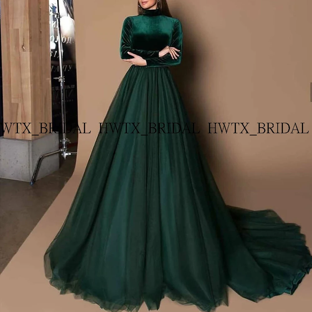 

Long Sleeves Evening Dress Green Velvet Tulle High Neck Plus Size Long Prom Dresses 2020 Formal Gown Vestidos de fiesta de noche