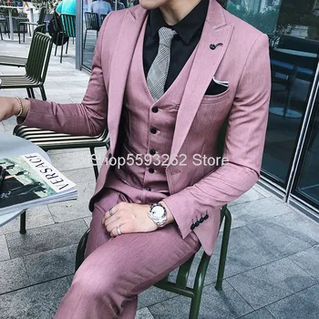 

Season Men Solid Color Suit Suit Three-piece Set Slim Fit Marriage Suit Dress Male