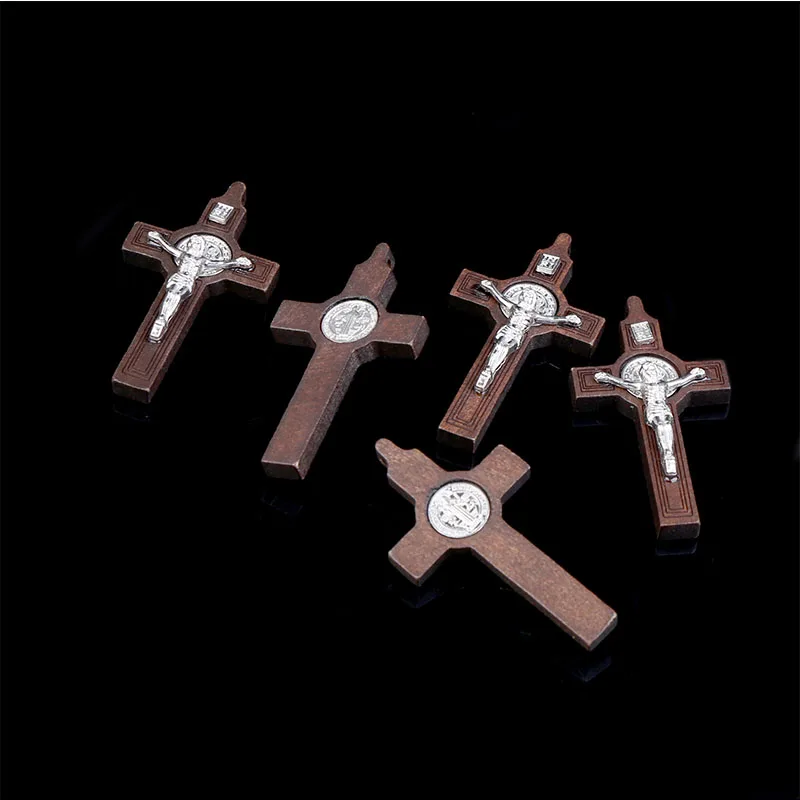 INGJIA Collana Rosario Croce Cattolica, Perline Di Preghiera In Legno Naturale Con Croce Medaglia Gesù Cristo San Benedetto, Per I Cristiani Cattolici