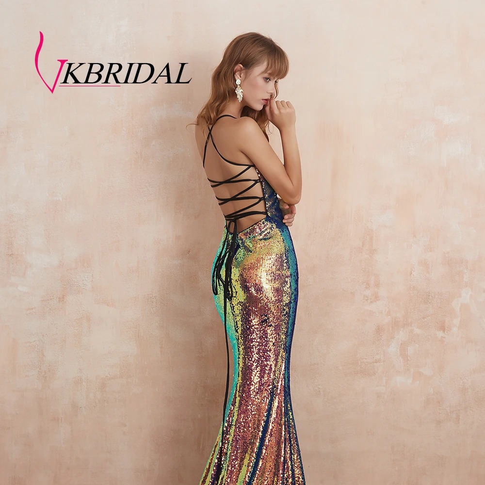 VKBRIDAL пикантные туфли со сверкающими блестками для выпускного вечера платья с лямкой через шею для Русалка официальная вечеринка, с низким вырезом на спине и ремешками