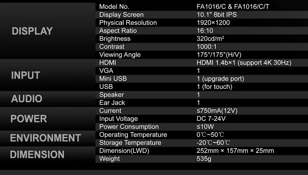 LILLIPUT FA1016/C/T 10," ips FHD 1000:1 емкостный Mutli-Touch монитор HDMI/VGA поддержка 4K 30 Гц стекло+ стеклянная технология