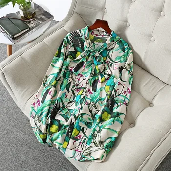 

High Quality 100% Real Silk Blouse and Shirts Women Runway Fashion Long Sleeve Bow Collar Print Spring Blouses Womens Tops Blusa