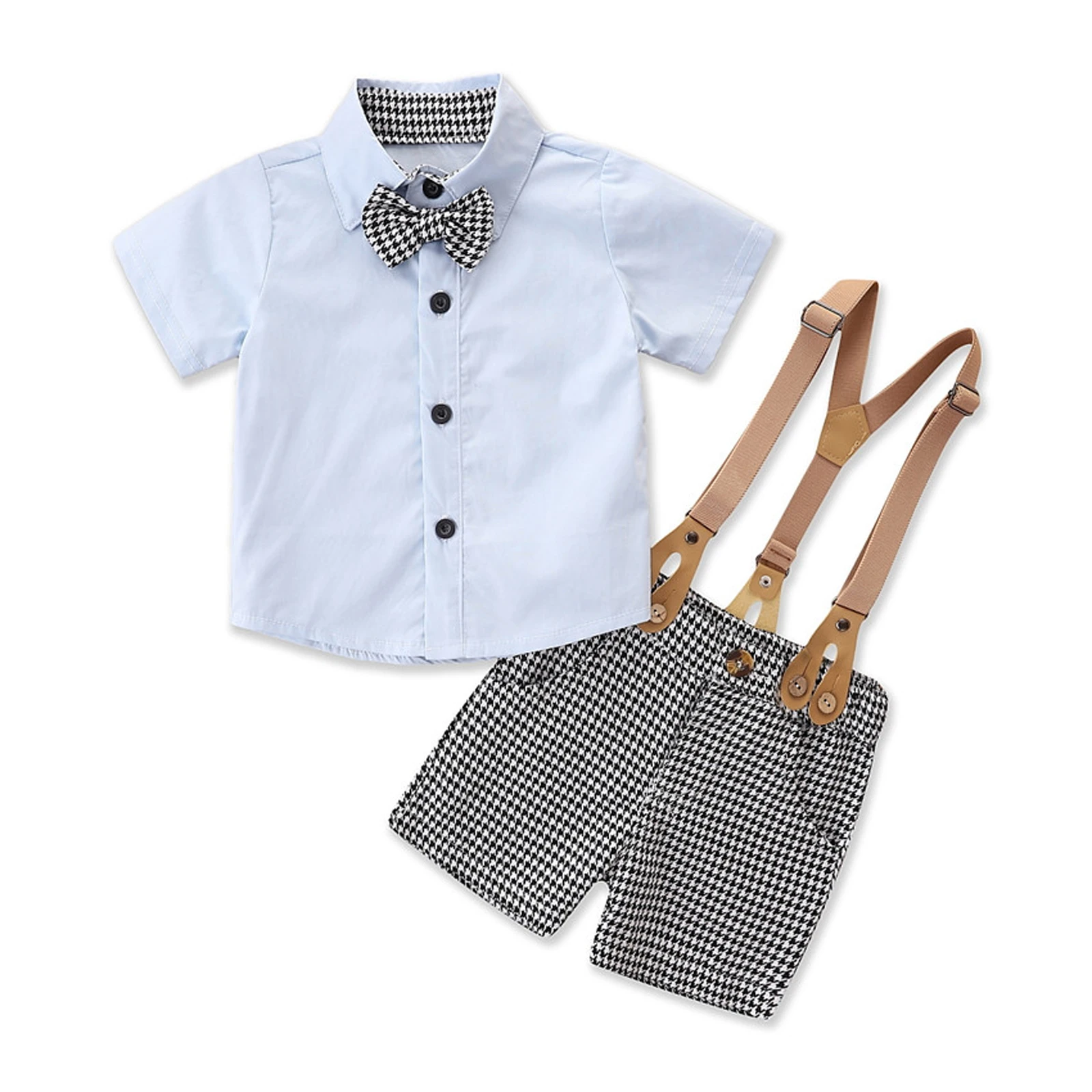 2 Pcs Infant Houndstooth Print Outfits Baby Boy Button Down Short