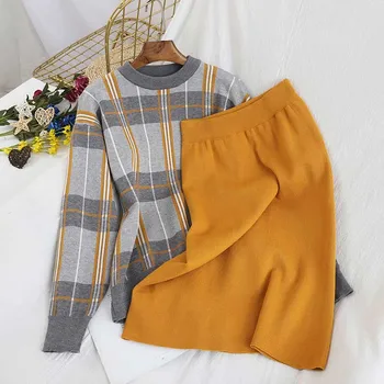 

Plaid Knitted Long Sleeve Fashion Women Winter Sweaters Tops+Elastic High Waist Knit Skirts Female High Street 2 Pieces Sets