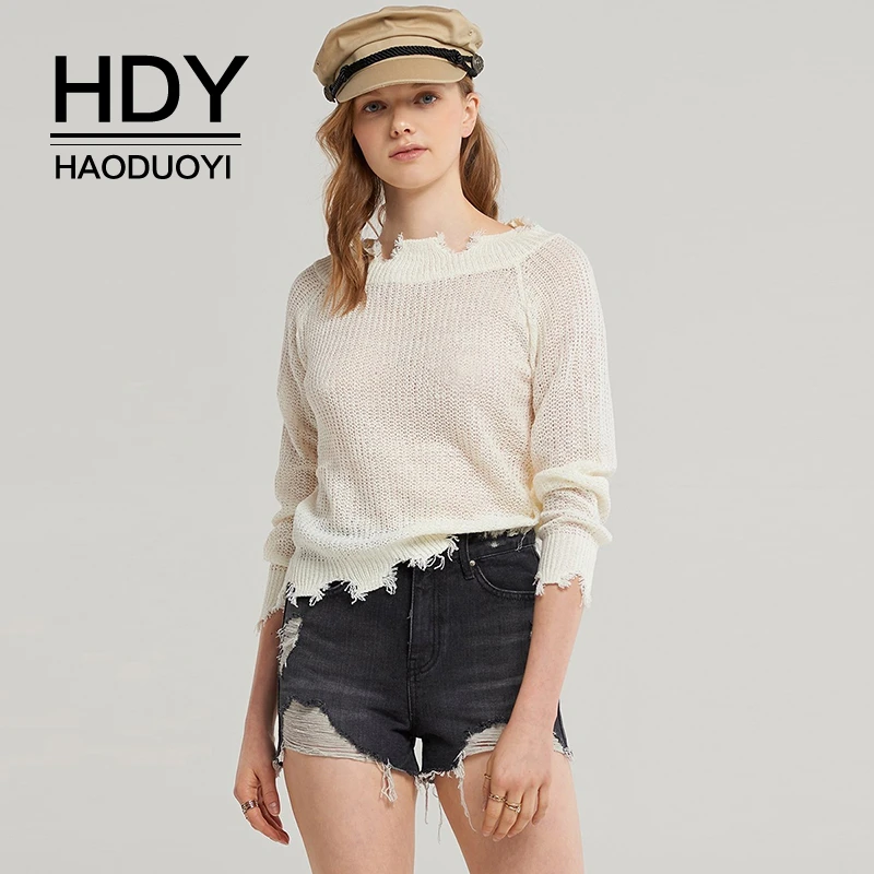 HDY Haoduoyi Casual Women Free Style Solid Thin Tops Kawaii Crewnceck Long Sleeve Hollow Sweet Super Comfy Pullover Sweater | Женская