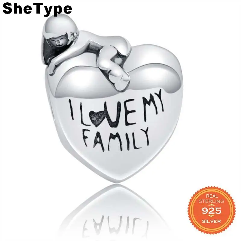 

SheType 2019 New Arrival 2.4g Love Heart With Girls Beads for Women Mother Jewelry Making Charm 925 Solid Sterling Silver