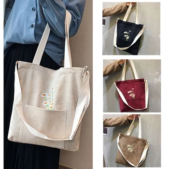 

NEW-Ladies Corduroy Shoulder Bag Ladies Handbag Foldable Shopping Bag Embroidery Women Handbag Crossbody Bag