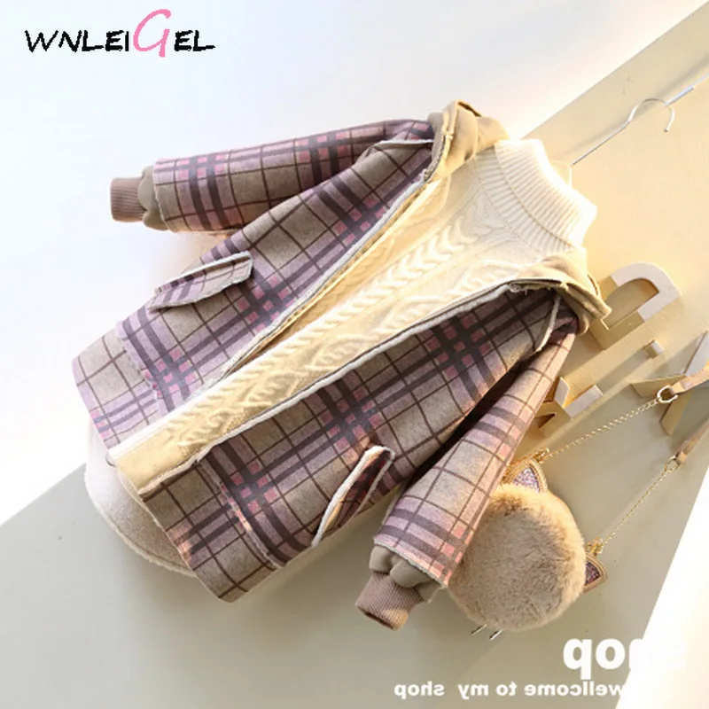 

WLG girls winter long style coats kids hooded plaid zipper thick coat baby girl ENGLAND style fashion clothes for 3-7 years