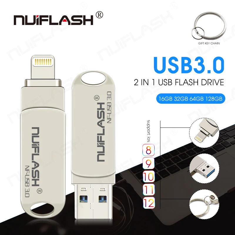 2 в 1 металлический флэш-накопитель USB 128 ГБ с поддержкой технологии OTG флеш-накопитель 32 Гб 64 Гб Usb 3,0 флэш-накопитель для iPhone X/8 Plus/8 Plus/7 Plus USB флеш-накопитель