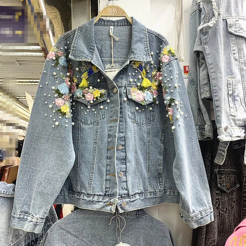 Harajuku Осень Новые модные джинсы Джокера пальто Женская тяжелая промышленность Алмазная вышитая бисером свободная ковбойская куртка женские джинсовые пальто