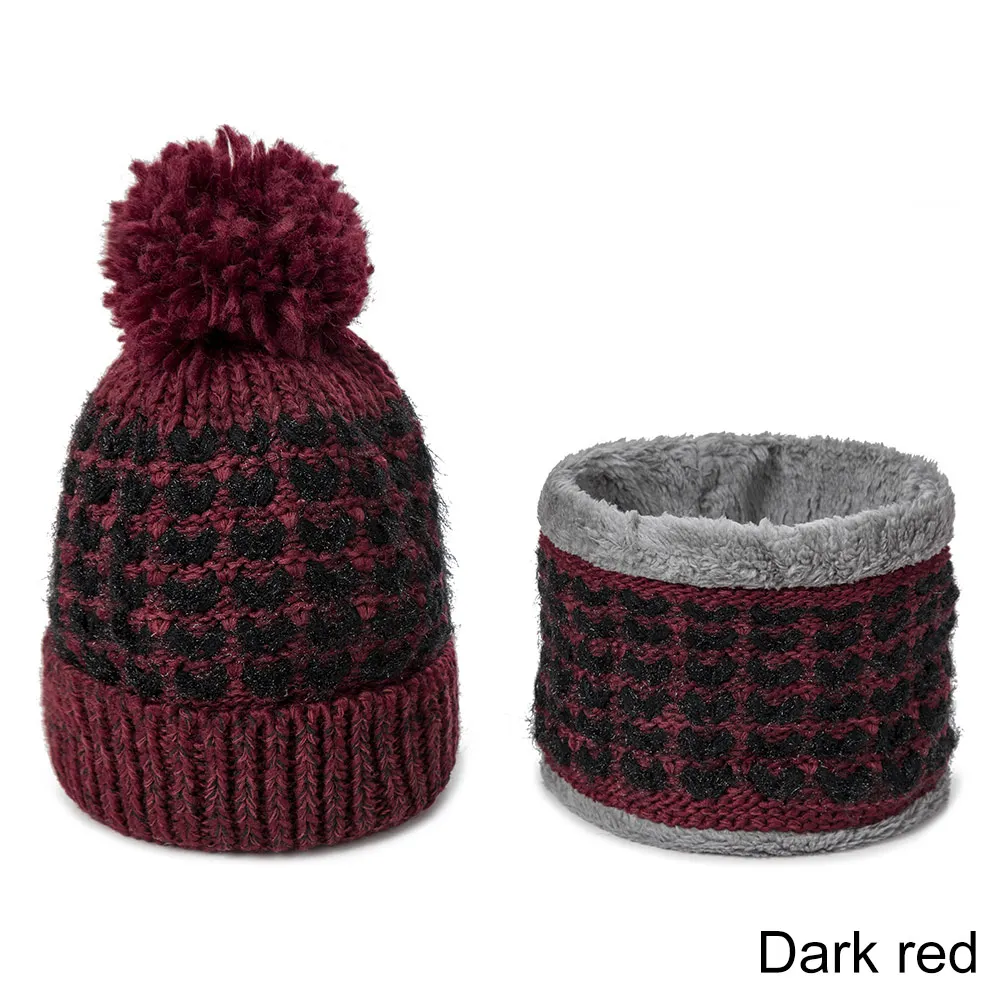 IWINTER 2 шт. зимняя женская шапка бини и шарф набор вязаная толстая теплая шапка бини шарфы с помпоном женский плюс бархатный шарф - Цвет: dark red