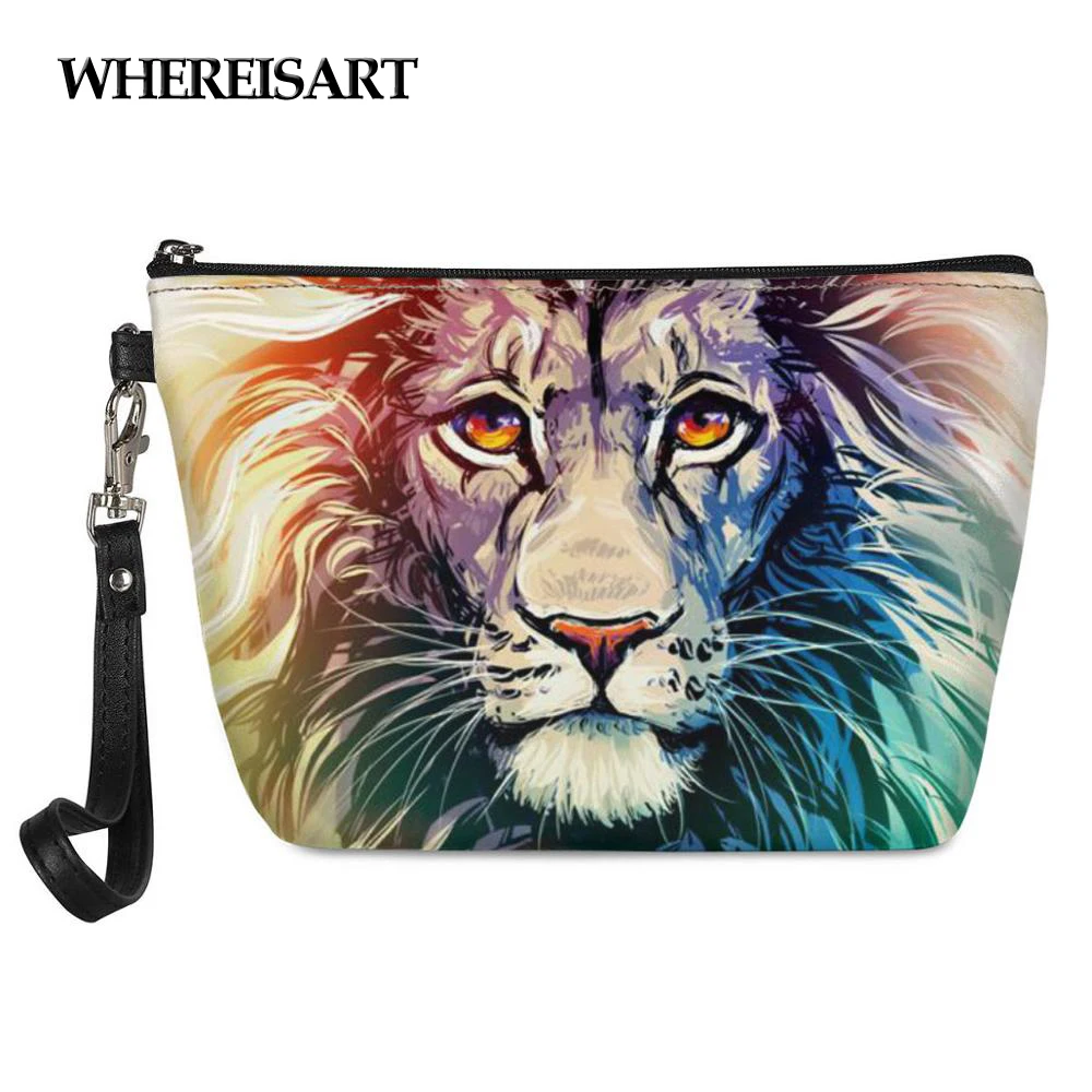 

WHEREISART Cool 3d Animal Lion Tiger Leopard Print Make Up Bags for Women Casual Female Cosmetic Case Small Zipper Makeup Bag