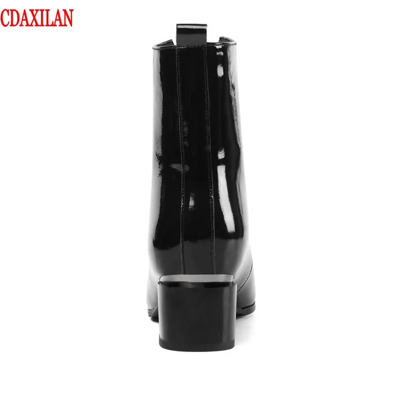 New to women's ankle boots genuine cow patent leather fabrics front-zipper square toe Mid-heels motorcycle boots ladies winter