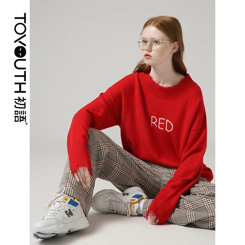 

Toyouth Embroidery Letter Long Sleeve Sweater Autumn Loose Round Neck Pullover Sweaters Women Tops