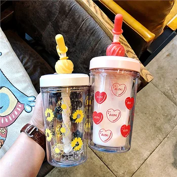 

Creative Double-layer Plastic Female Portable Korean Version Fresh And Insulated Net Celebrity Sports Mixing Straw Water Bottle