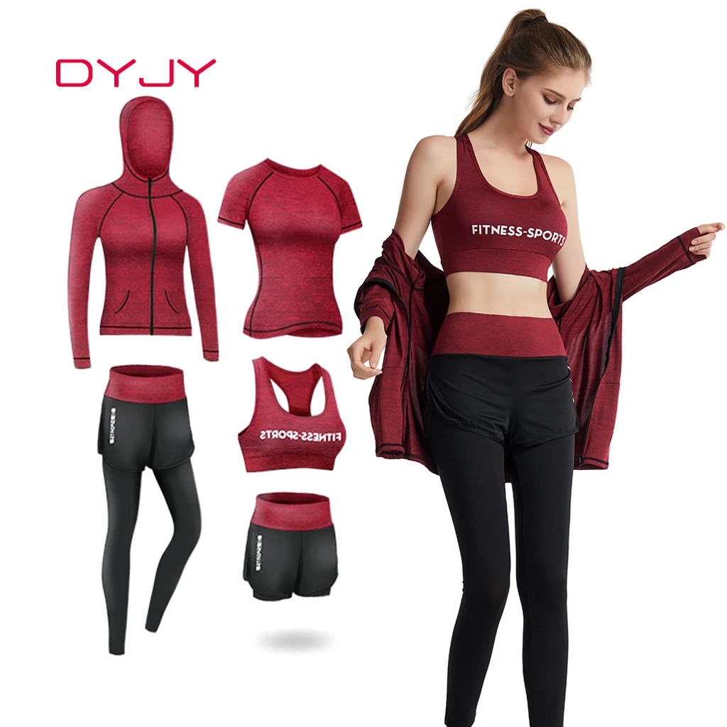 DYJY 5 Pieces Women Yoga Sets Sports Wear for Gym Fitness Workout Clothing Girls Jogging Suit
