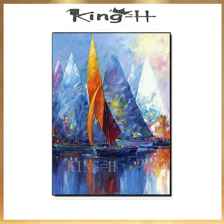 

100% Hand Painted Rainbow Color Abstract Sailing Boat Ship Oil Painting Canvas Unframed Wall Art Textured Paintings Artwork