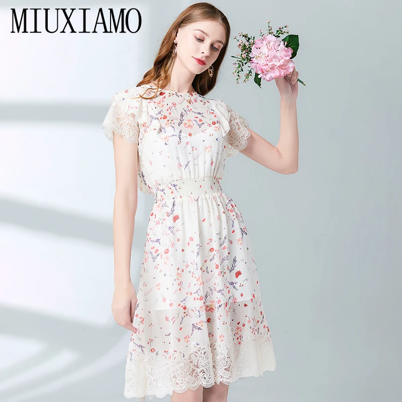 

MIUXIMAO Top Quality 2019 Fall Dress Flower Ptint Half Sleeve Dress Slim Lace Eleghant Cotton Casual Dress Women Vestidos