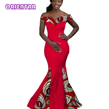 

African Dresses for Women Dashiki Batik Wax Printing Sexy Slash Neck Ankara Long Dress Lady Grace Evening Mermaid Dress WY2860