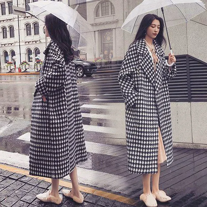 

2019 New fashion Autumn Winter Temperament Medium long Houndstooth Woolen Coat Female Korean Loose Woolen Jacket Woman cc976