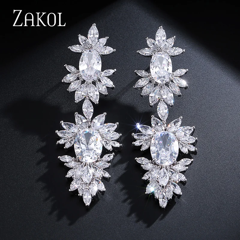 White Color ZAKOL, винтажные Свадебные украшения в виде листьев, аксессуары, кубический цирконий, большие длинные роскошные свадебные Висячие серьги для женщин, FSEP2181 - Окраска металла: White Color